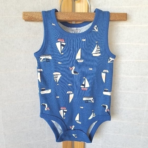 Carter's Blue Boat One-Piece Baby Outfit Snap Close 100% Cotton Size 12M - Picture 1 of 6